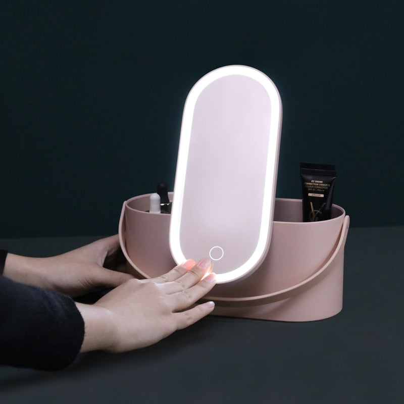 Travel Makeup Organizer Box with LED Light Mirror