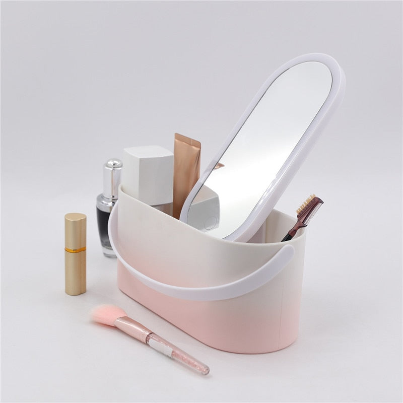 Travel Makeup Organizer Box with LED Light Mirror